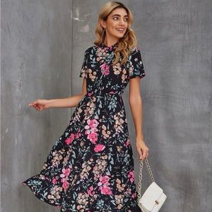 SHEIN Mock Neck Floral Print Half Button Ruffle Hem Dress
